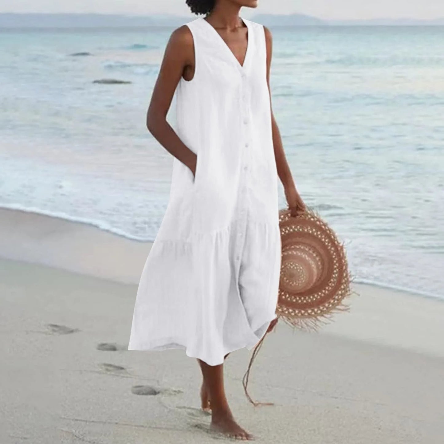 Da Donna Abito Midi Smanicato Bottoni Frontali Relax Moderna