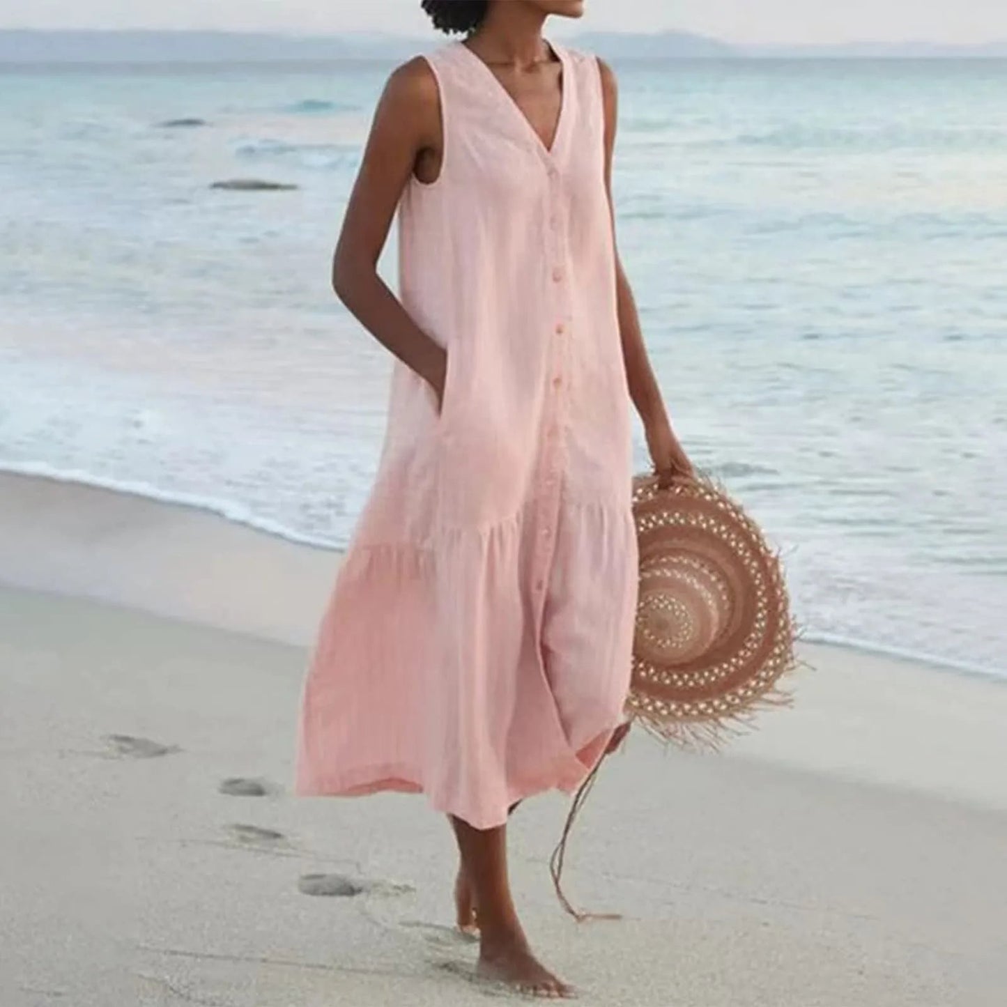 Da Donna Abito Midi Smanicato Bottoni Frontali Relax Moderna