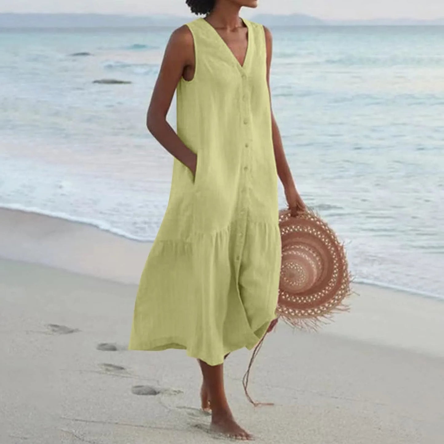 Da Donna Abito Midi Smanicato Bottoni Frontali Relax Moderna