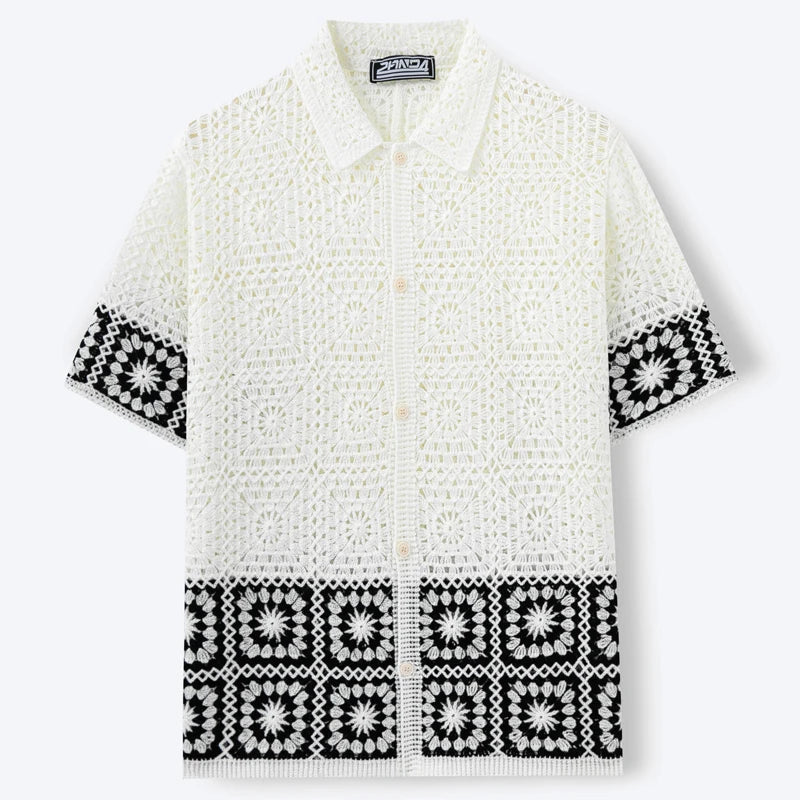 Da Uomo Camicia all'Uncinetto in Maglia Aperta Top Resort a Maniche Corte