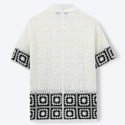 Da Uomo Camicia all'Uncinetto in Maglia Aperta Top Resort a Maniche Corte