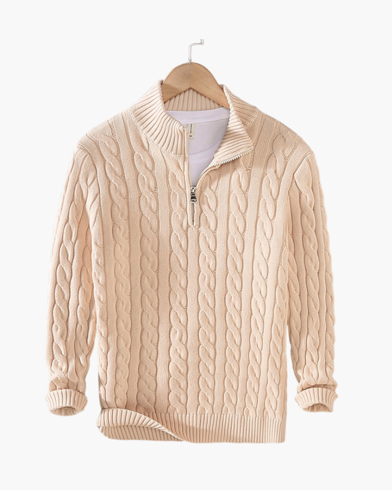 Da Uomo Maglione Tricot con Collo Alto Zip e Lavorazione Intrecciata