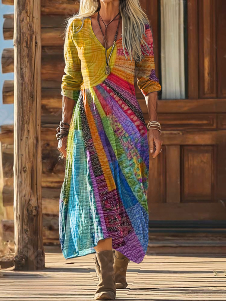 Da Donna Abito Maxi Boho Stampato con Scollo a V