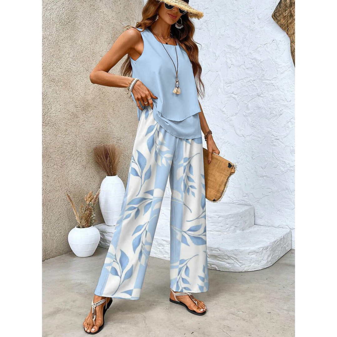 Da Donna Completo Stampato Smanicato con Pantaloni Ampi