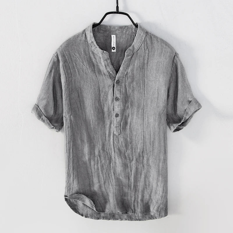 Da Uomo Camicia Henley Lino Maniche Corte Relax Moderna