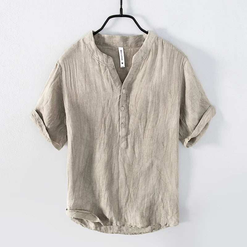 Da Uomo Camicia Henley Lino Maniche Corte Relax Moderna