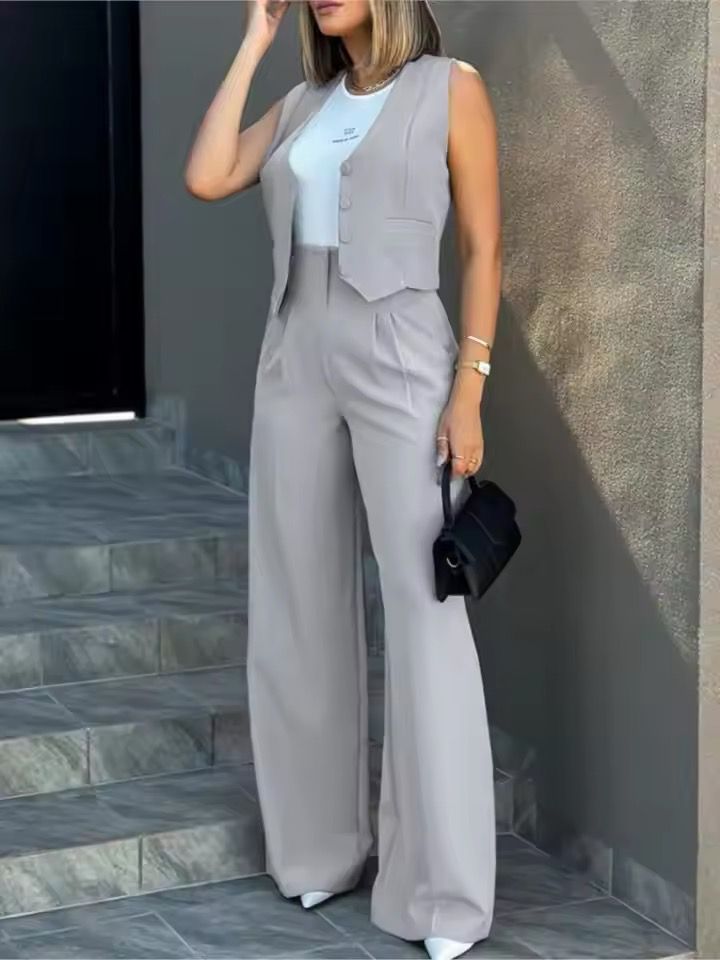 Da Donna Completo Gilet Sartoriale Pantaloni Wide Leg Moderno