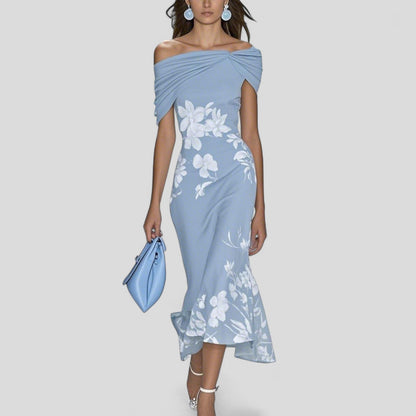 Da Donna Abito Midi Floreale Monospalla con Drappeggio Elegante