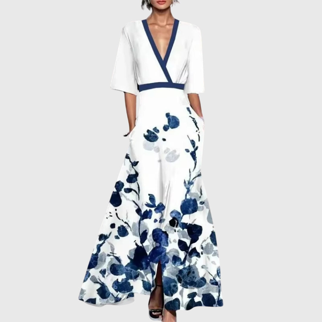 Da Donna Abito Maxi Stampato con Scollo Profondo a V Elegante