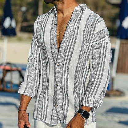 Da Uomo Camicia Leggera con Colletto Aperto e Texture Rigata