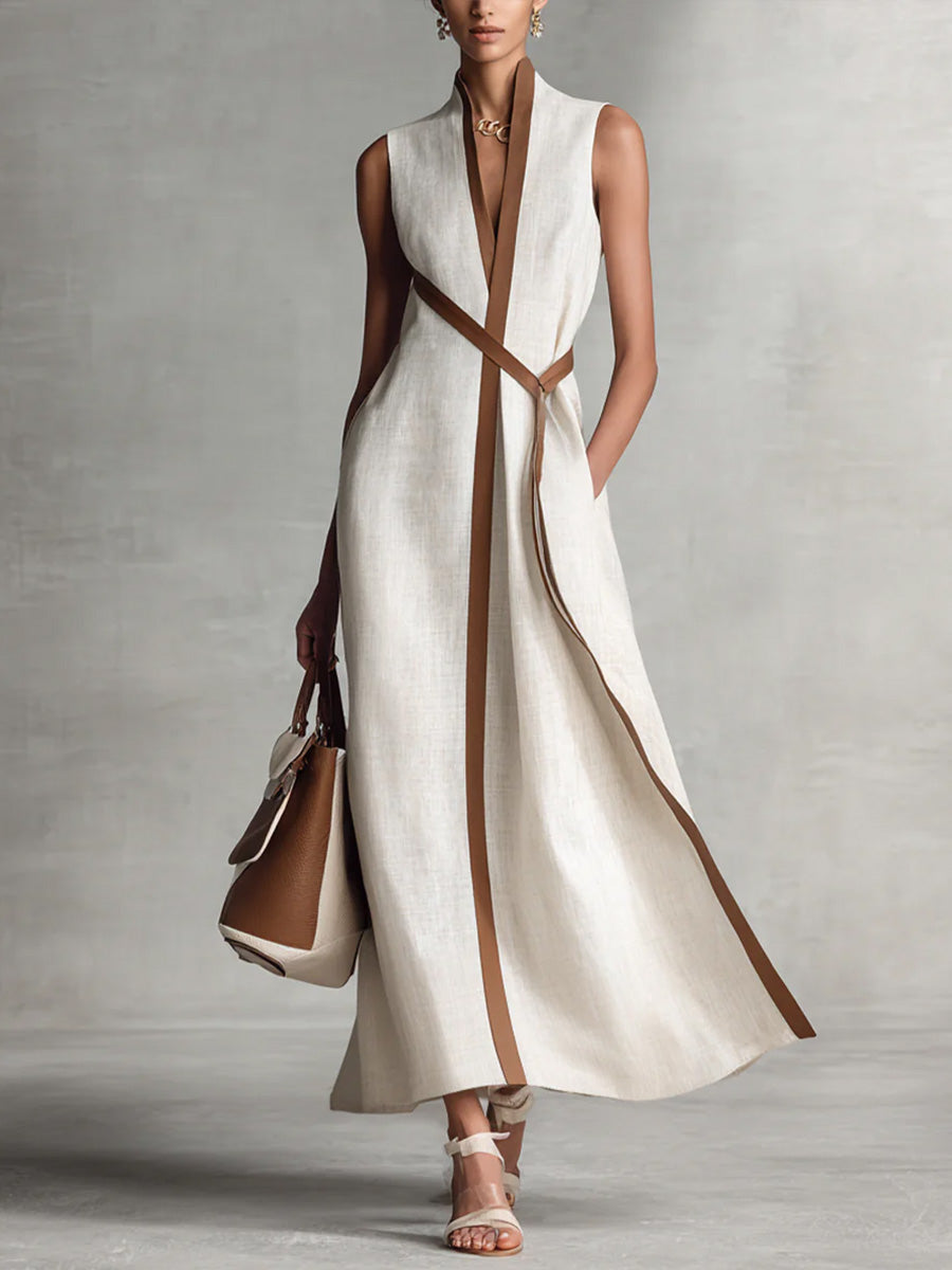Da Donna Abito Maxi Contrasto Cintura Vita Eleganza Moderna