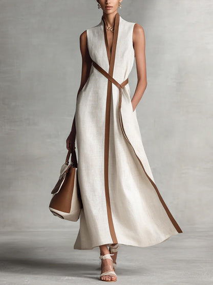 Da Donna Abito Maxi Contrasto Cintura Vita Eleganza Moderna