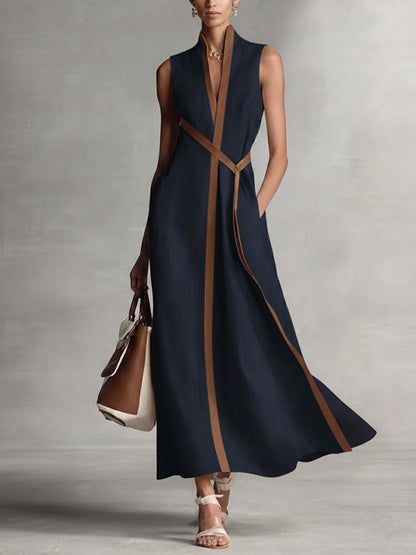 Da Donna Abito Maxi Contrasto Cintura Vita Eleganza Moderna