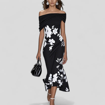 Da Donna Abito Midi Floreale Monospalla con Drappeggio Elegante