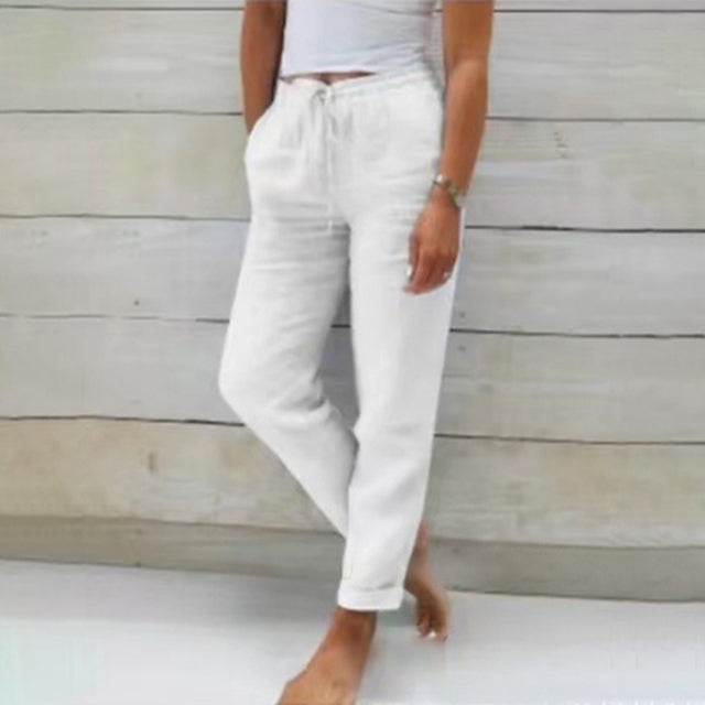 Da Donna Pantaloni in Lino con Coulisse Stile Relax Estivo Leggero