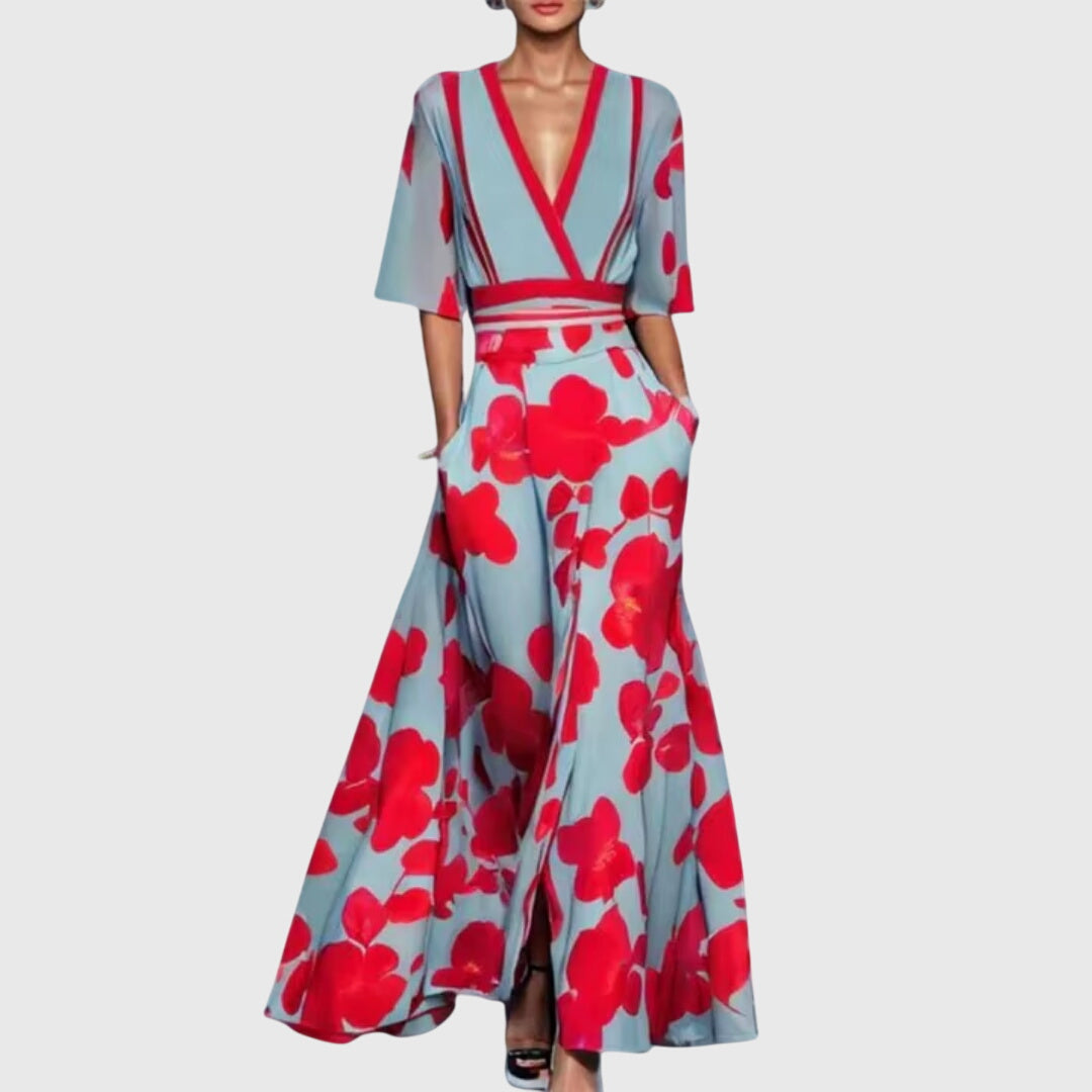 Da Donna Abito Maxi Stampato con Scollo Profondo a V Elegante