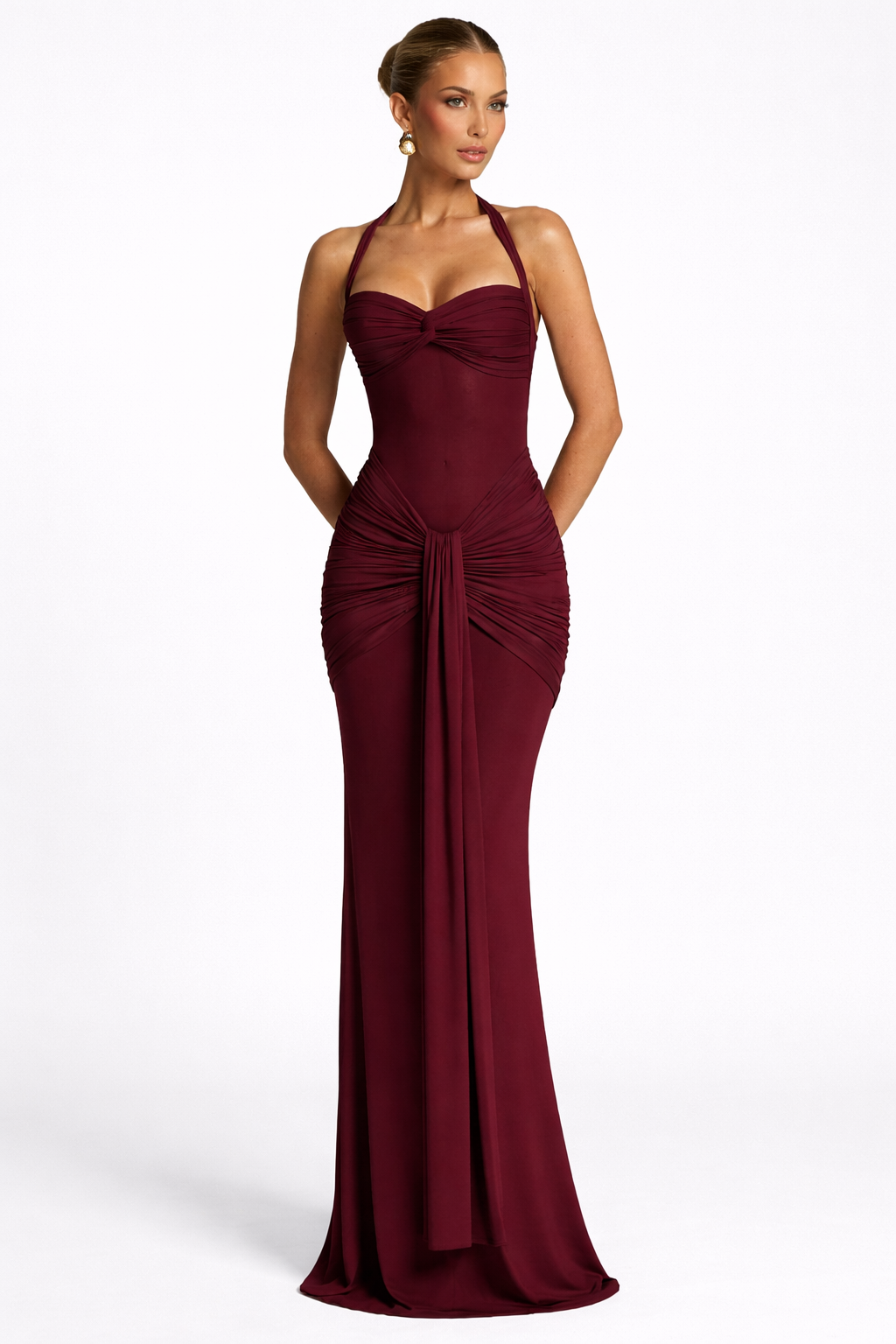 Da Donna Abito Maxi Halter con Drappeggio e Dettagli Mesh
