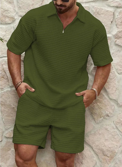 Da Uomo Completo Texture Zip Colletto Bermuda Relax Moderno