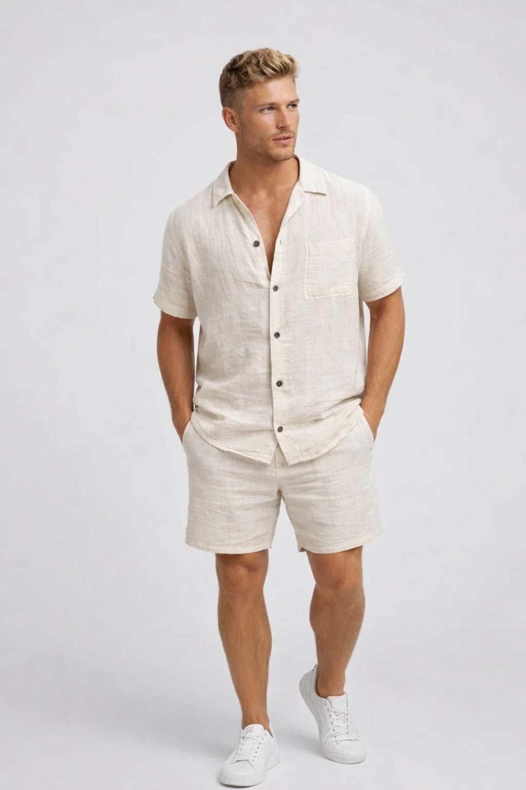 Da Uomo Completo Lino Camicia Shorts Relax Moderno