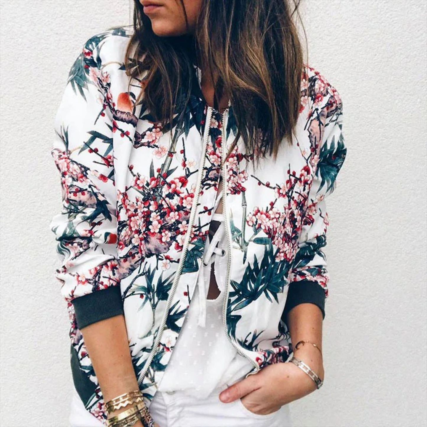 Da Donna Giacca Zip Motivo Stampato Casual Moderna