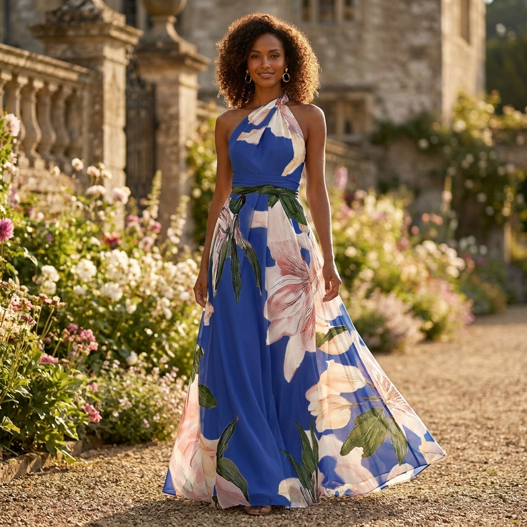 Da Donna Abito Maxi Stampato con Scollo Halter Asimmetrico