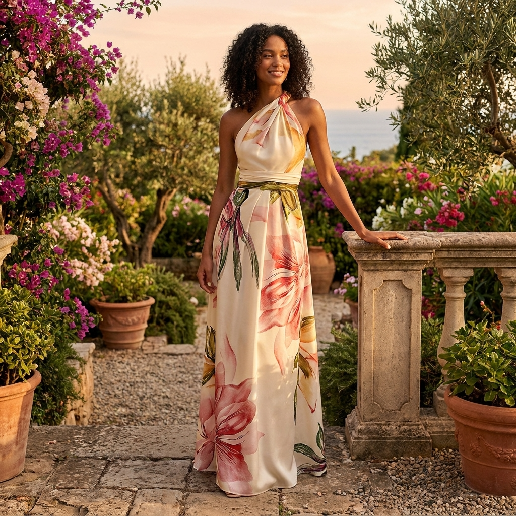 Da Donna Abito Maxi Stampato con Scollo Halter Asimmetrico