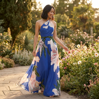Da Donna Abito Maxi Stampato con Scollo Halter Asimmetrico