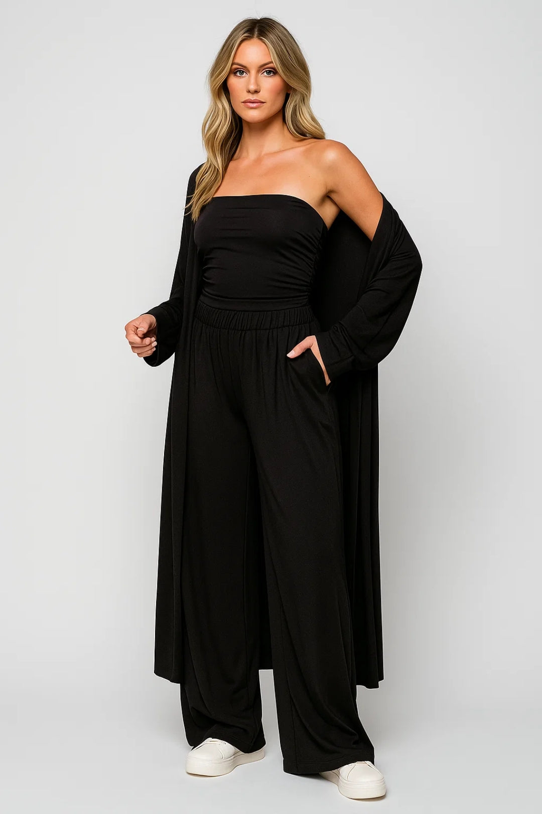 Da Donna Completo Tre Pezzi Fascia Cardigan Pantaloni Ampi