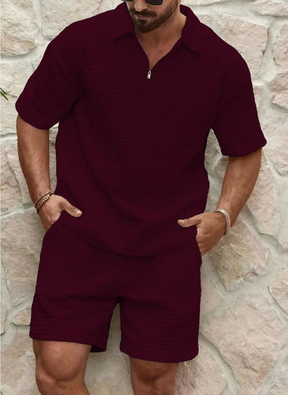 Da Uomo Completo Texture Zip Colletto Bermuda Relax Moderno