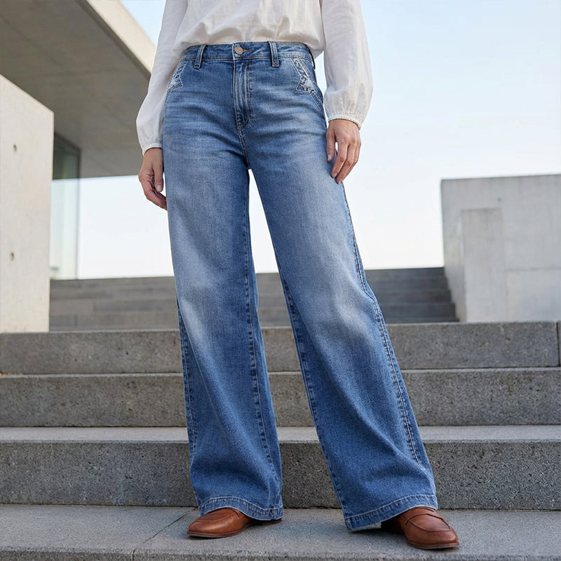 Da Donna Jeans in Denim a Vita Alta con Gamba Larga