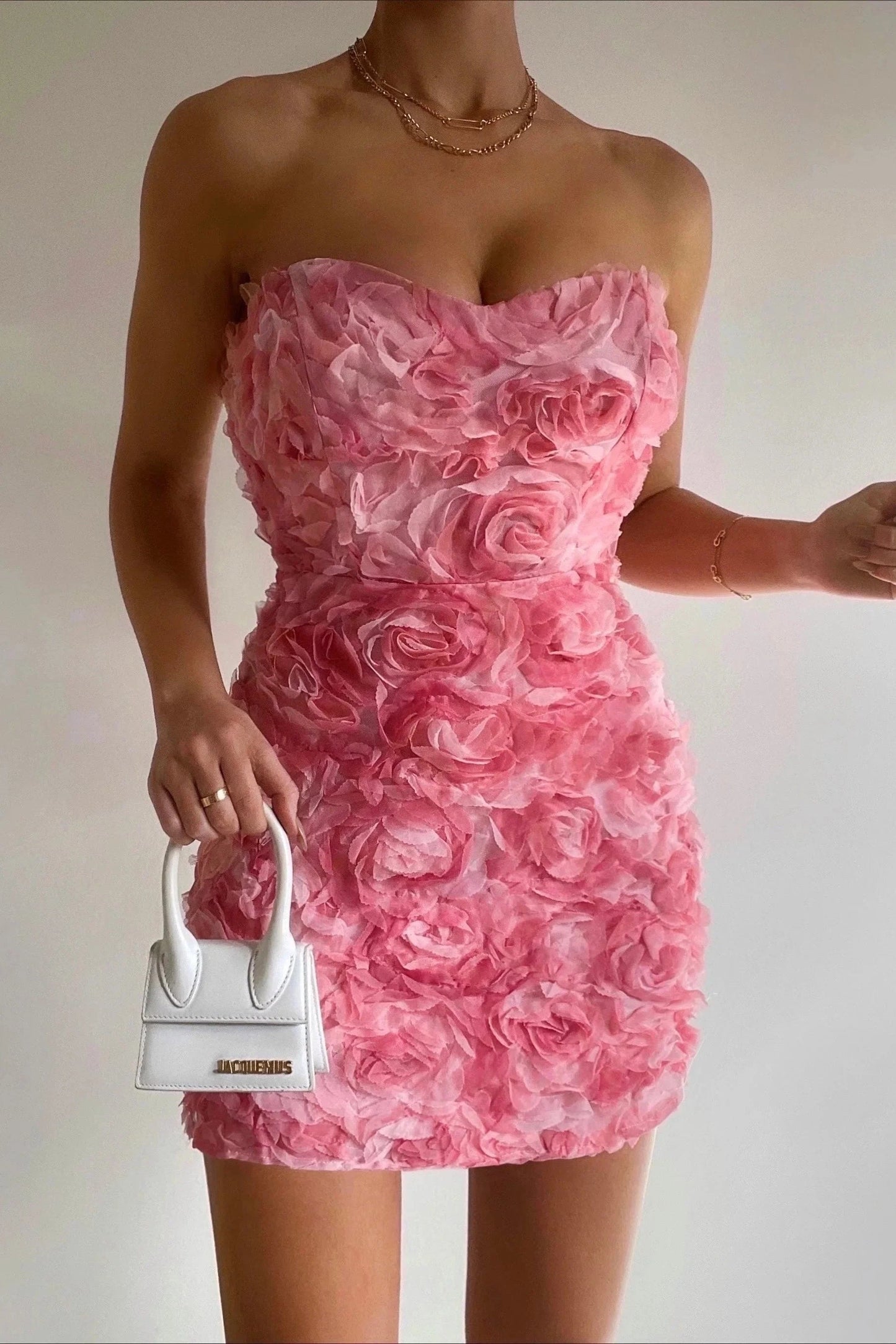 Da Donna Abito Mini Senza Spalline con Texture Appliqué Floreale