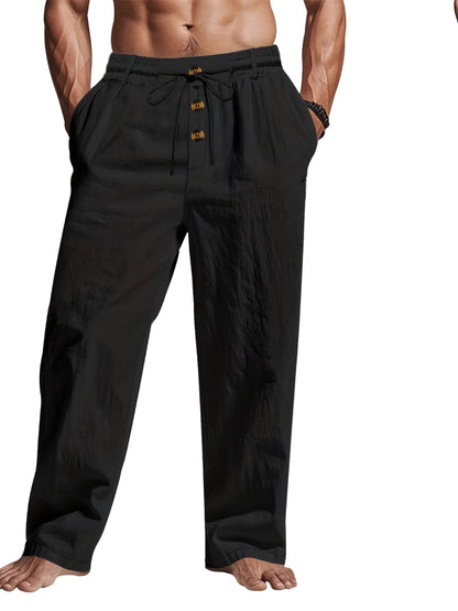 Da Uomo Pantaloni Lino Coulisse Gamba Ampia Relax Moderna