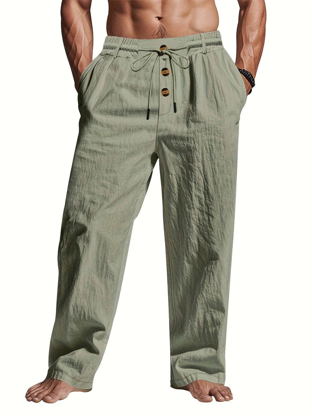 Da Uomo Pantaloni Lino Coulisse Gamba Ampia Relax Moderna