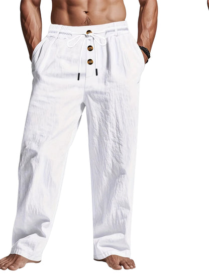 Da Uomo Pantaloni Lino Coulisse Gamba Ampia Relax Moderna
