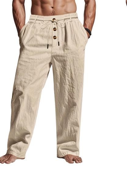 Da Uomo Pantaloni Lino Coulisse Gamba Ampia Relax Moderna