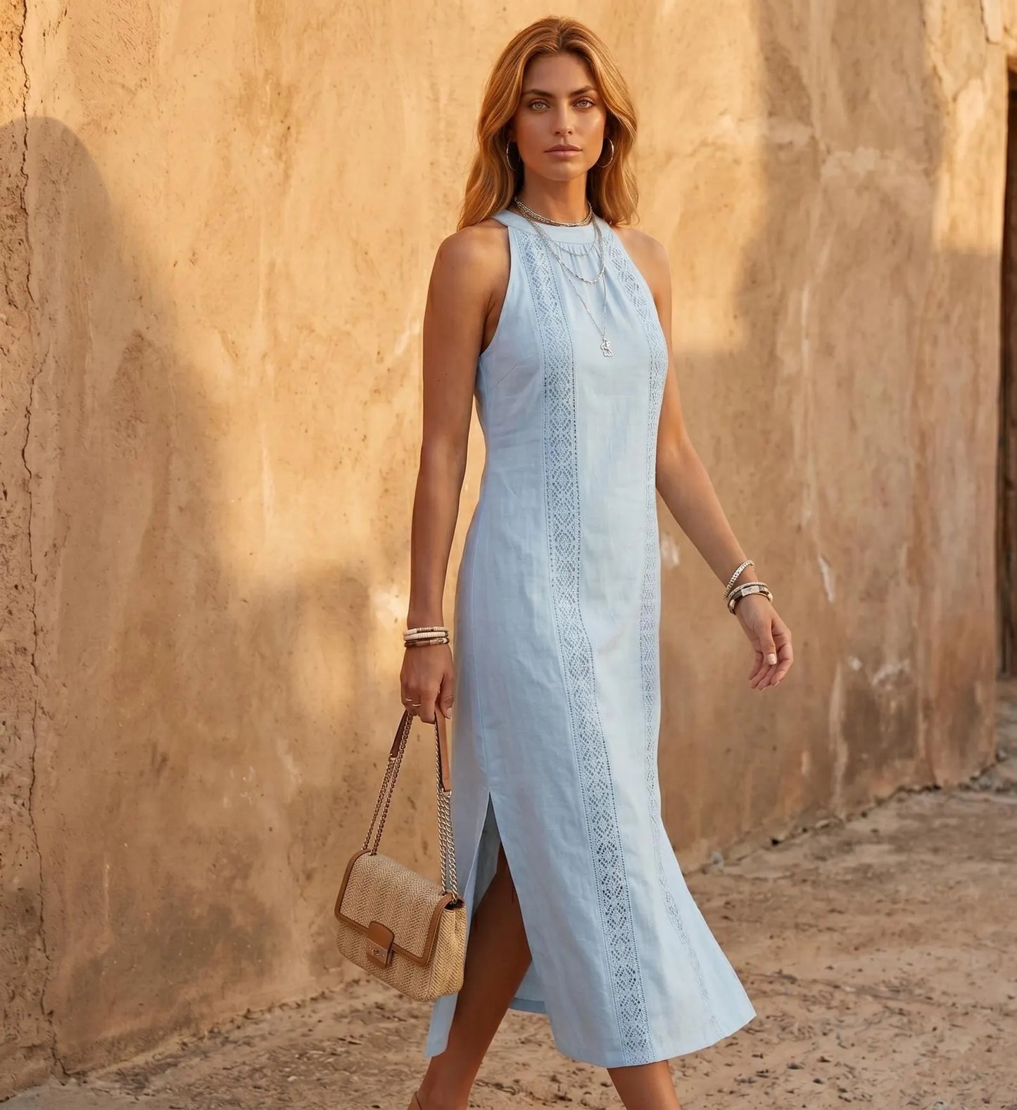 Da Donna Abito Midi Pizzo Traforato Spacco Laterale Relax Moderna