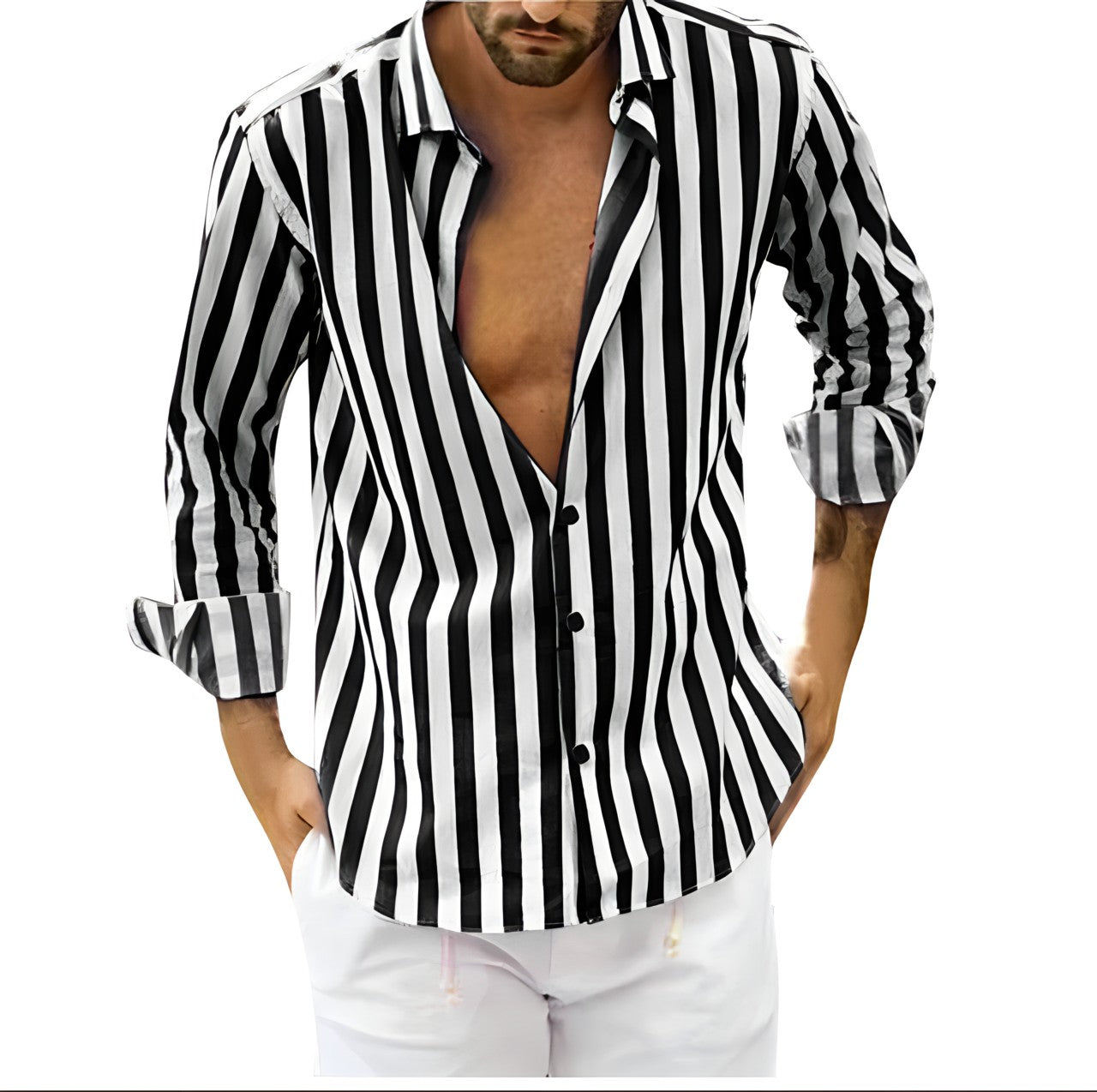 Da Uomo Camicia Leggera con Colletto Aperto e Texture Rigata