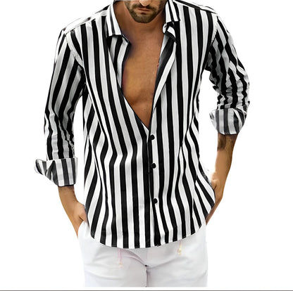 Da Uomo Camicia Leggera con Colletto Aperto e Texture Rigata