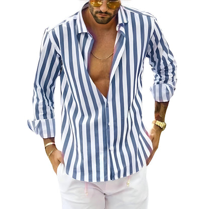 Da Uomo Camicia Leggera con Colletto Aperto e Texture Rigata
