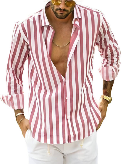 Da Uomo Camicia Leggera con Colletto Aperto e Texture Rigata