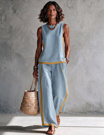 Da Donna Set Outfit Senza Maniche con Bordo a Contrasto e Pantaloni a Gamba Larga