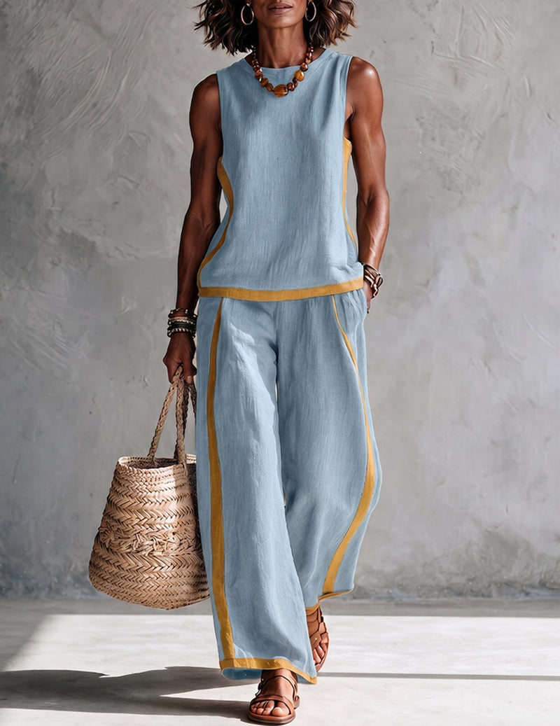 Da Donna Set Outfit Senza Maniche con Bordo a Contrasto e Pantaloni a Gamba Larga
