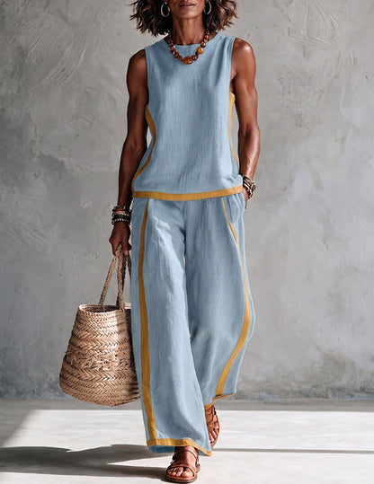 Da Donna Set Outfit Senza Maniche con Bordo a Contrasto e Pantaloni a Gamba Larga