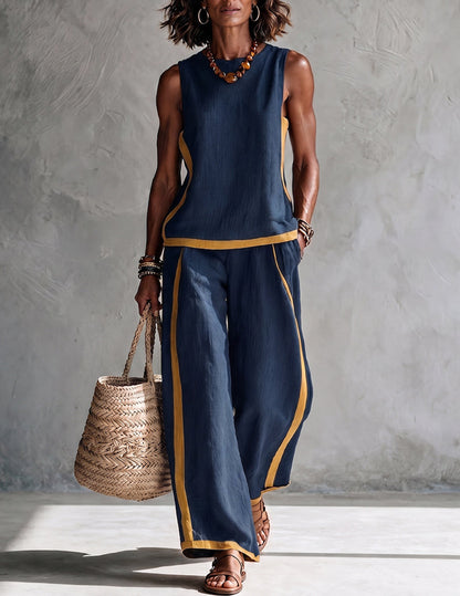 Da Donna Set Outfit Senza Maniche con Bordo a Contrasto e Pantaloni a Gamba Larga