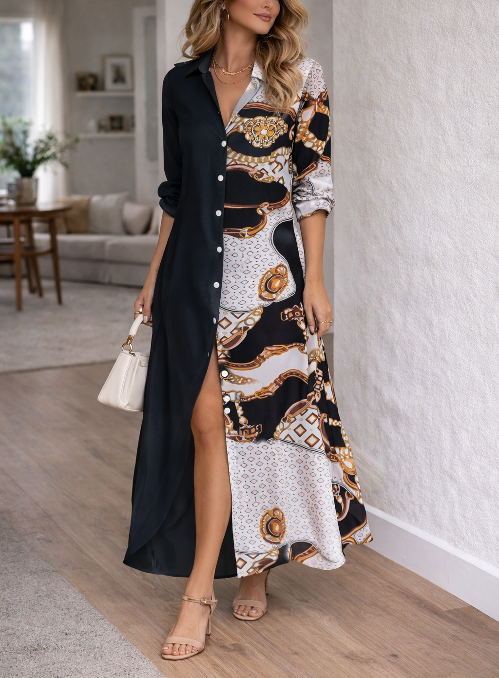 Da Donna Abito Camicia Maxi Stampato con Apertura Frontale