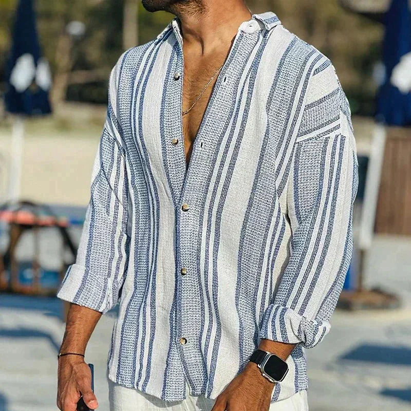 Da Uomo Camicia Leggera con Colletto Aperto e Texture Rigata