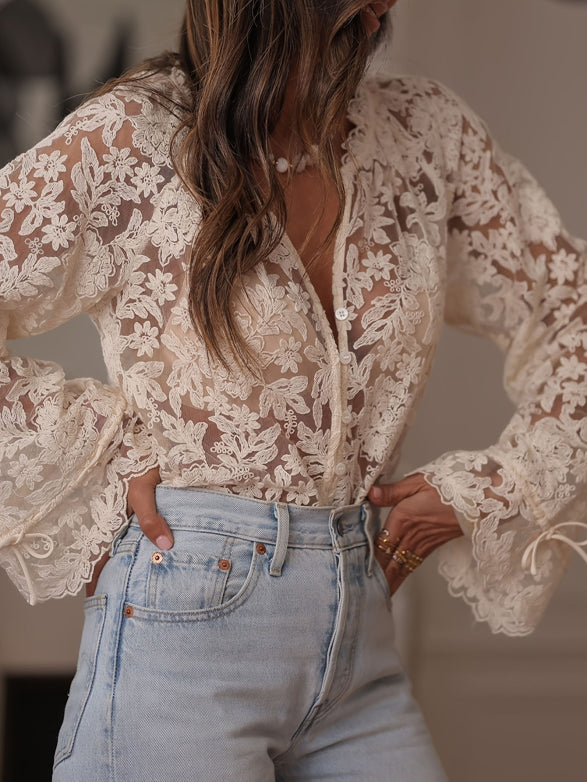 Da Donna Blusa Pizzo Trasparente Maniche Ampie Romantic Chic