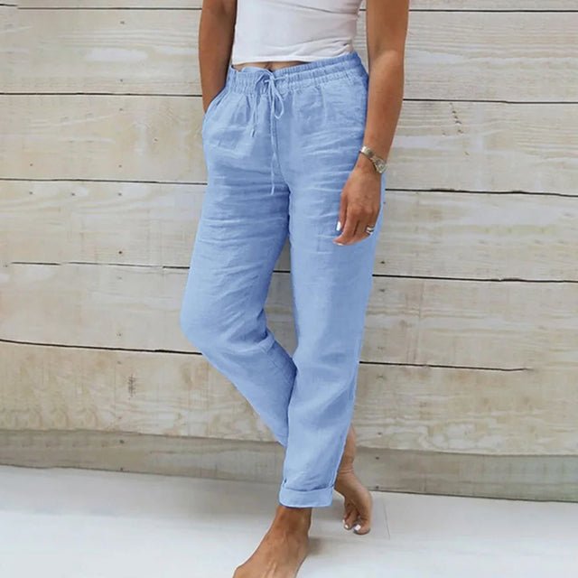 Da Donna Pantaloni in Lino con Coulisse Stile Relax Estivo Leggero