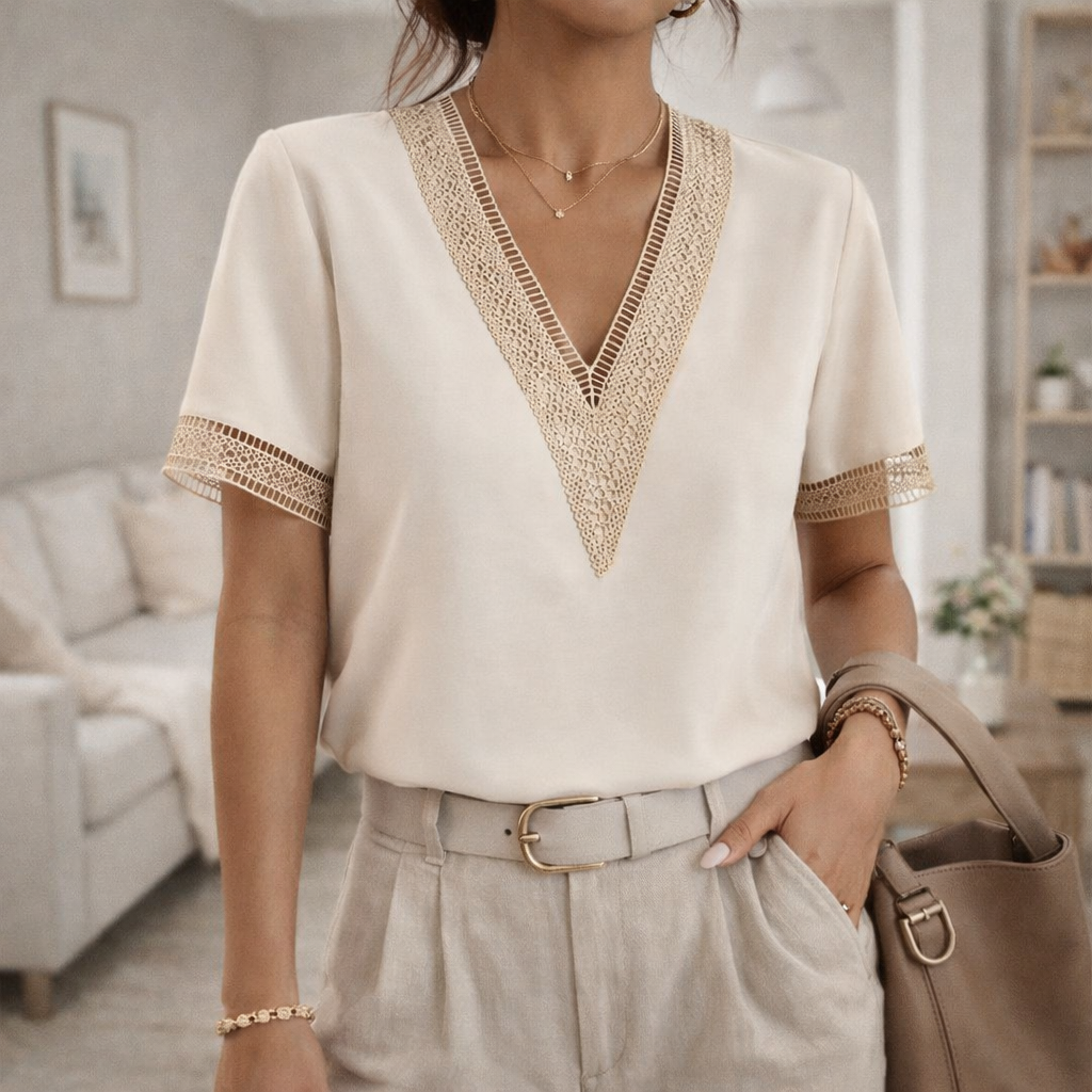 Da Donna Blusa Elegante con Scollo a V e Dettagli in Pizzo