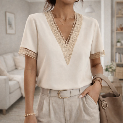 Da Donna Blusa Elegante con Scollo a V e Dettagli in Pizzo